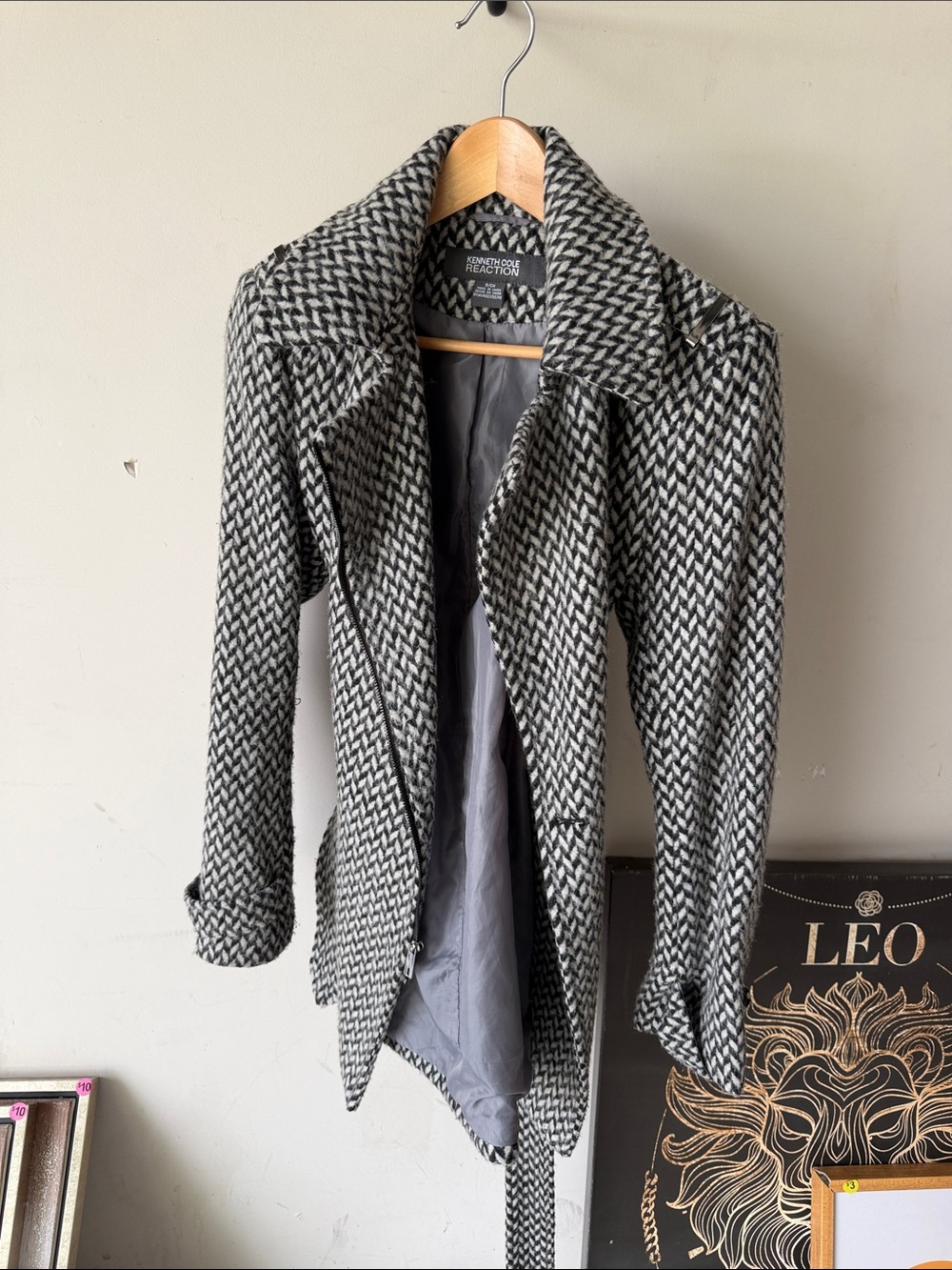 Kenneth Cole Reaction Black and White belted Herringbone Pea Coat